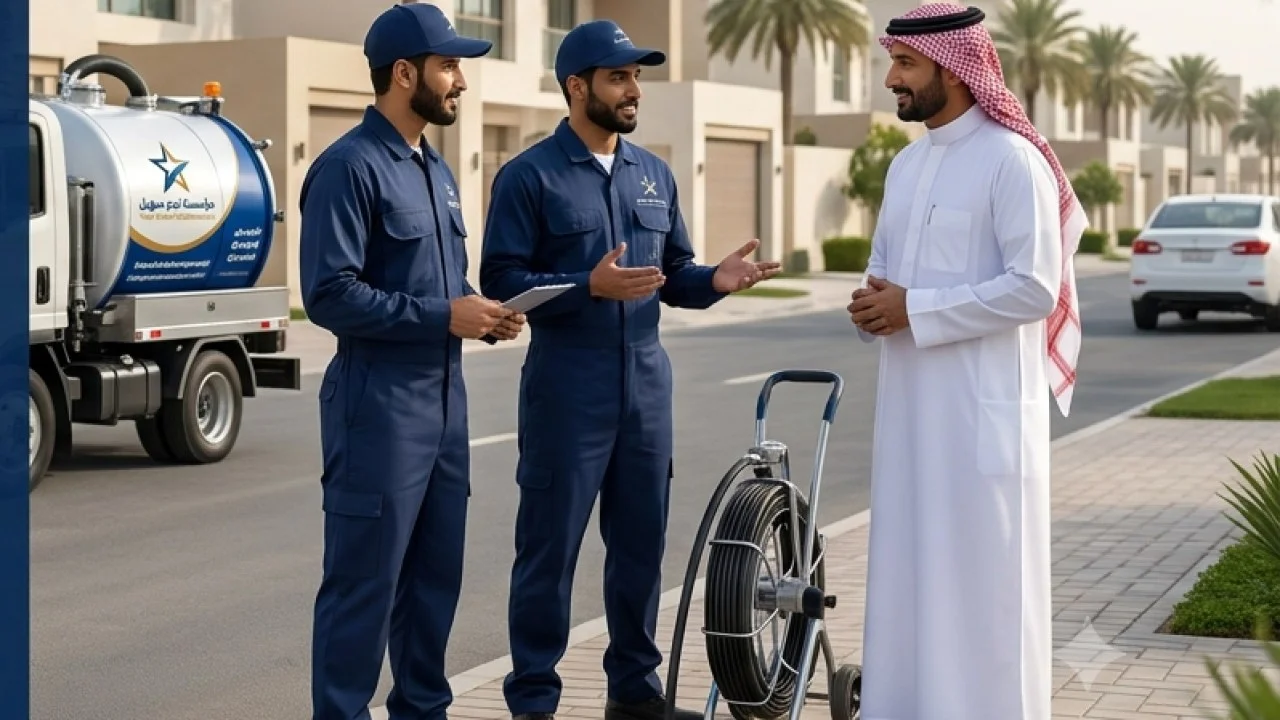 صرف صحي للشركات بالمدينة المنورة — فريق فني يتحدث مع عميل تجاري بخصوص الخدمة (صورة توضيحية)