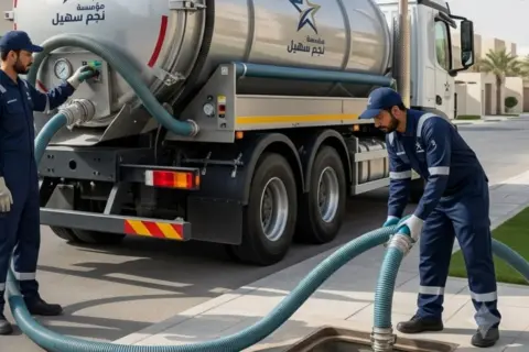 الفرق بين تسليك المجاري وشفط البيارة — فريق فني يقوم بشفط بيارة باستخدام سيارة شفط متخصصة (صورة توضيحية)